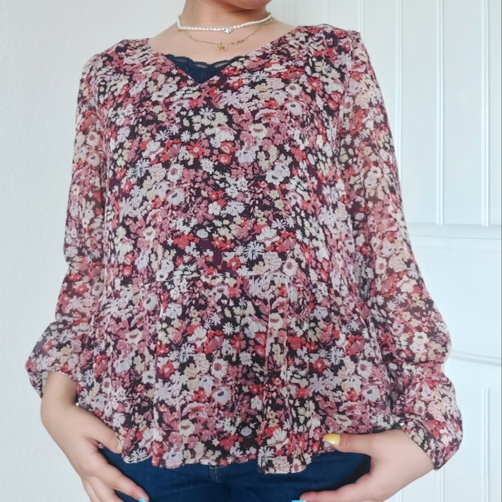 LOFT Burgundy Floral Blouse